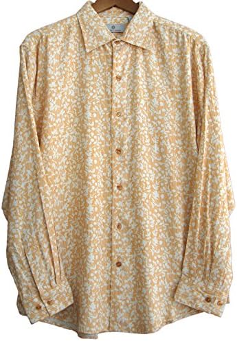 Mens Silk Bamboo Blend Hawaiian Camp Shirt Long Sleeve Floral (Large, Mandarin)