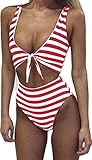 Farktop Womens Swimsuits Sexy Thong Bandeau Bikini High Waisted One Piece Bathing Suit Monokini Red/White Medium