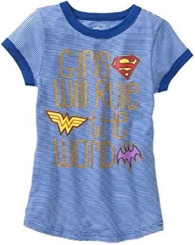 DC Superhero Girls Blue Stripe Ringer Tee Shirt SuperGirl Wonder Woman and Batgirl Logos Girls Will Rule The World Glitter Words (XS (4-5))