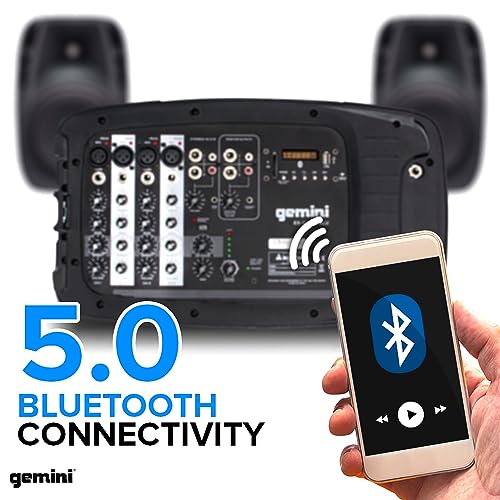 Gemini Dual 10" Powered PA System & Stands, 600W (ES-210MXBLU-ST) | Dual 10" PA with tripod stands - 6-channel powered mixer, 4 mic in - Bluetooth, USB - mic included