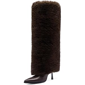 Tsrenlmln Faux Fur Boots Furry Fur Boots Winter Warm Plush Surface high heel Shoes brown 11in