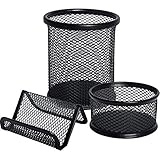JPSOR 3 Pack Mesh Pencil Pen and Metal Business Card Holder - Black Business Card Pencil Pen Cup Paper Clip Organizer for Desk Office and School