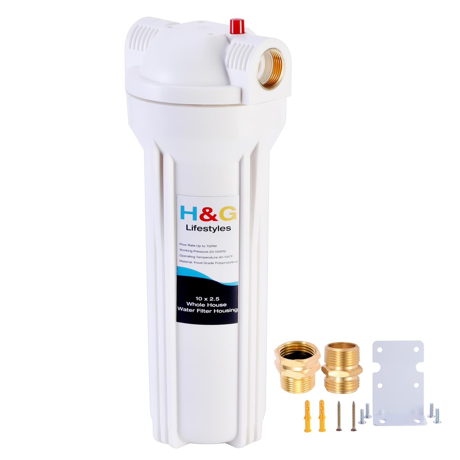 Photo 1 of H&G Lifestyles Whole House Water Filter Housing,2.5 x 10 Water Filter Canister, with 3/4" GHT Fittings Stainless Steel Bracket, RV Garden Water Hose Filter for Well Water & City Water White