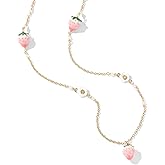 Pink Strawberry Station Necklace - Cute Enamel Fruit & Flower Pendant for Women, 18K Gold Plated Dainty Aesthetic Jewelry Gift
