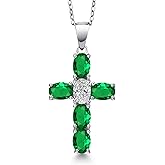 Gem Stone King 925 Sterling Silver Green Nano Emerald and Lab Grown Diamond Cross Pendant Necklace for Women | 2.40 Cttw | Gemstone May Birthstone | Oval 6X4MM | With 18 Inch Chain