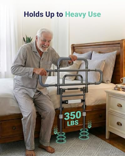 Bed Rails for Elderly Adults Safety, 180° Foldable Bed Rail with Adjustable Height & Width, 350lb Load, Extra-High Design, Wide Base, LED Light & Storage Pockets – Fits King/Queen/Full/Twin Beds