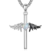 MONGAS Angel Wings Necklace Sterling Silver Guardian Angel Cross Necklace Created Opal Cross Jewelry Gifts for Women Religion Christian Catholic Faith