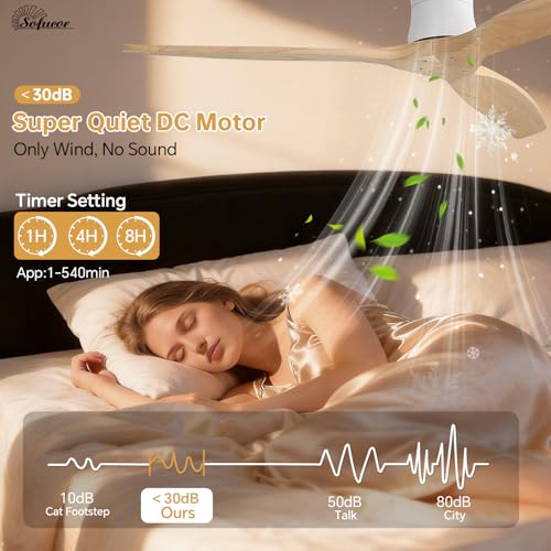 Sofucor Smart Ventilador de Techo con Alexa/App/Wifi, 132cm Madera Maciza Ventilador de Techo con Mando a Distancia, DC Silencioso, Temporizador, 6 Velocidades para Salones