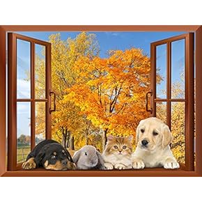 Dogs, Rabbit and a Cat Lying on The Windowsill with Golden Leaves in The Background | Removable Wall Sticker/Wall Mural - 24"x32"