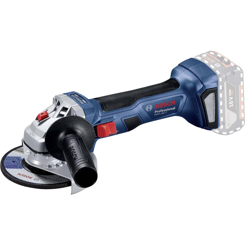 Bosch Professional 18V System Cordless Angle Grinder GWS 18V-7 (125 mm disc diameter, protective guard, Aux. Handle, backing flange, locking nut, without battery/charger, in box)