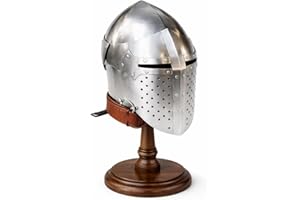 Medieval Steel Bascinet Knight Helmet With Visor, Comfortable Cusion Leather Strap Buhurt Helmet for Costume Party,Silver XL