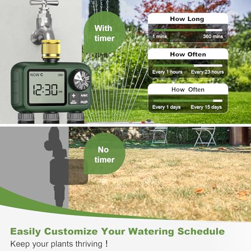 Water Timer 3 Outlets with Brass Inlet, Programmable Sprinkler Hose Waterproof Timer, Automatic prinkler Timers with Rain Delay/Manual Watering/large LCD display for Irrigation Lawn Yard