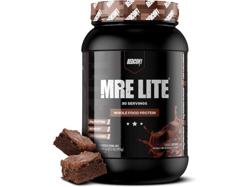 REDCON1 MRE Lite Whole Food Protein Powder, Fudge Brownie - Low Carb & Whey Free Meal Replacement with Animal Protein Blends - Easy to Digest Supplement Made with MCT Oils (30 Servings)