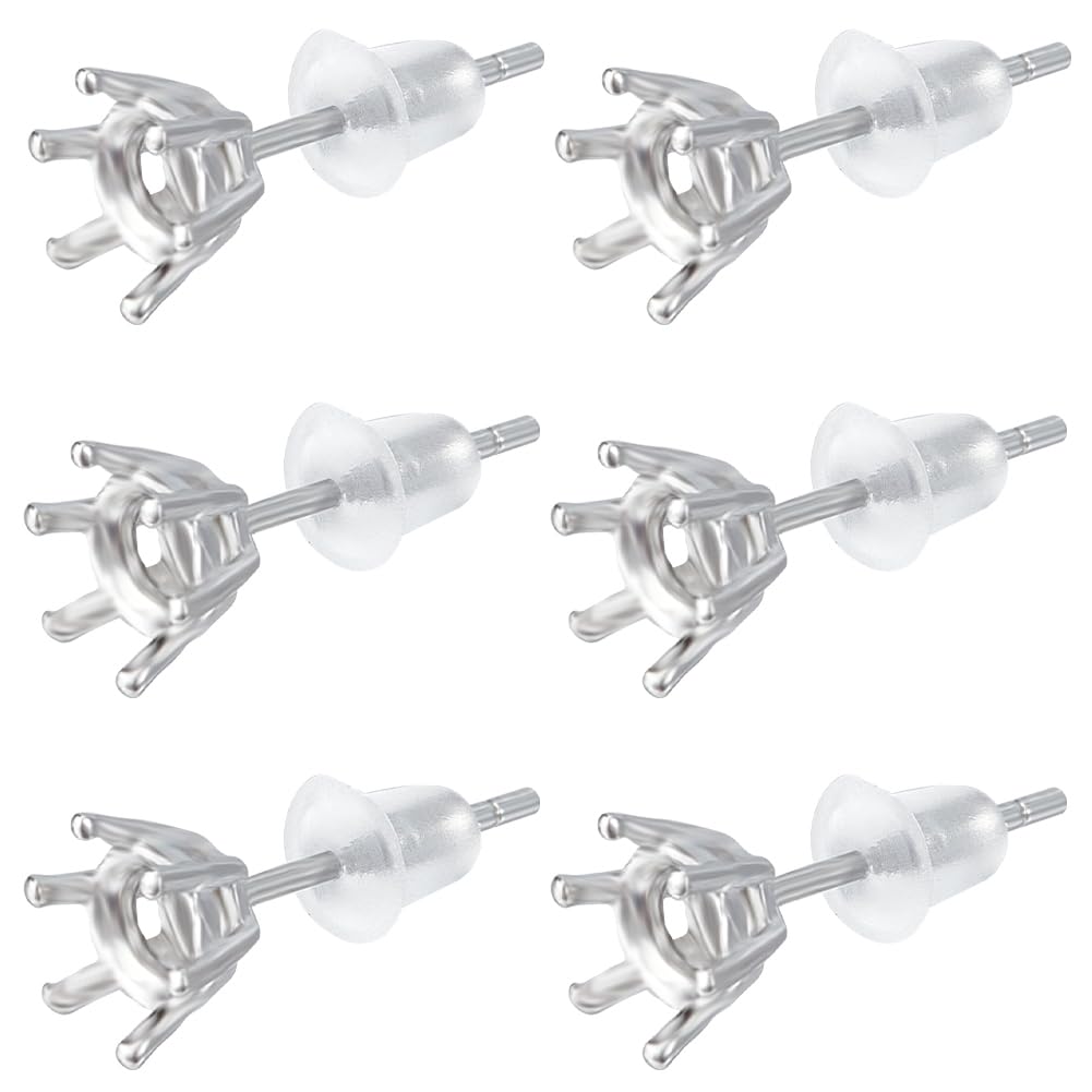 Beebeecraft 1 Box 6Pcs 6 Prong Earring Blank Rhodium Plated 925 Sterling Silver Hexagon Claw Cabochon Setting Post Stud Earring Findings with 6Pcs Ear Nuts for DIY Earrings Jewellery Making