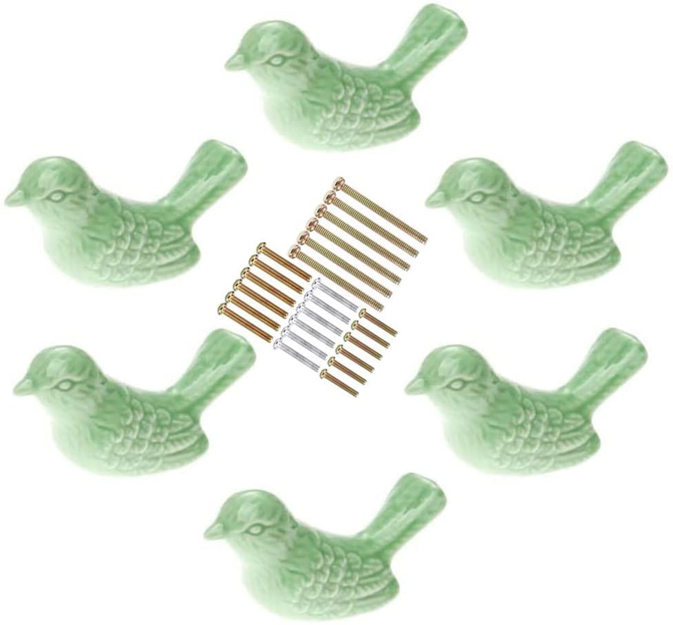 Bird Shape Ceramic Knobs 6Pcs Drawer Handles Cute DIY Cabinet Pulls Dresser Closet Wardrobe Kids Cupboard Door Kitchen Furniture Decoration with Mounting Screws (Green)