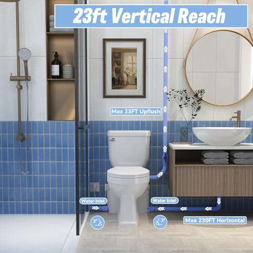 HOCANFLO Macerating Toilet System, 17.7inch Extra Tall Toilet with Macerator Pump for Basement Upflush, Sewage Grinder Pump, Quiet Copper Motor, 4 Inlets for Sink/Shower/Laundry/Washer