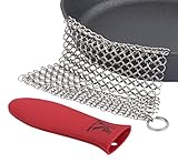 Kitchen Shaq Stainless Steel Chainmail Scrubber XL 8x6, Cast-iron Cleaner + Silicone Hot Handle Holder