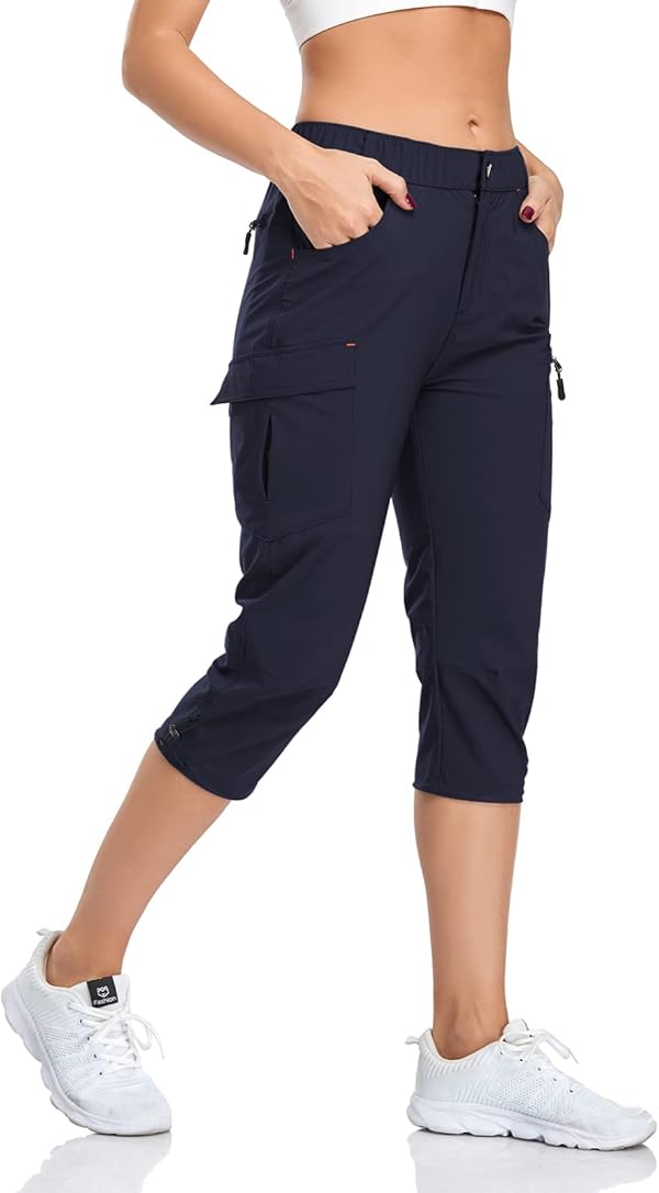 GymBrave Wanderhose Damen 3/4 Trekkinghose Stretch Leiche schnell trocknend Cargo Caprihose Sommer Outdoor UPF 50 mit Reißverschlusstaschen