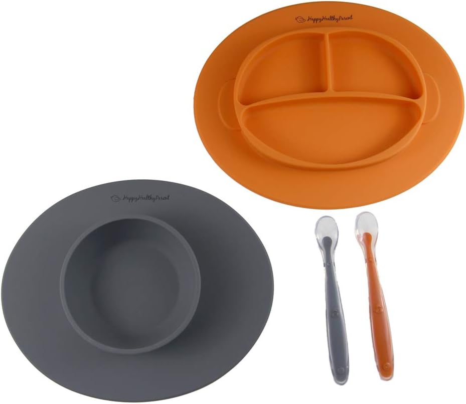Silicone Bowl and Silicone Plate Easily Wipe Clean - Self Feeding Set Reduces Spills - Spend Less Time Cleaning After Meals with a Baby or Toddler - Set Includes 2 Colors (Gray/Orange)