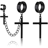 Unisex Gothic Black Stainless Steel Non Pierced Asymmetrical Cross Dangle Clip on Hoop Earrings Cartilage Chain Ear Cuff Non-Piercing Jewelry Gift for Teens