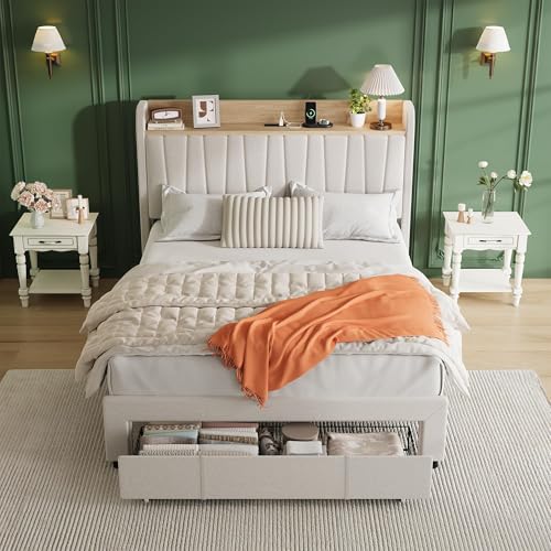 Queen Size Upholstered Bed Frame with Storage Headboard and Charging Station, Platform Bed Frame with Metal Drawers, Heavy Duty, No Box Spring Needed, Easy Assembly, Beige