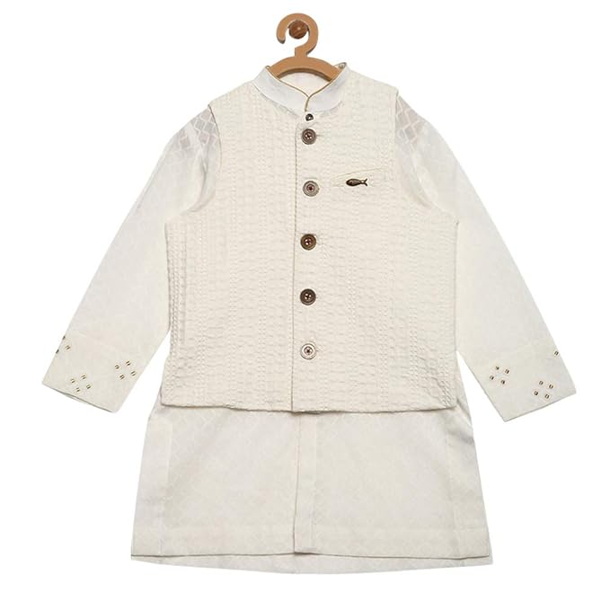 Tiber Taber By Hopscotch Boys 100% Cotton Boy Jacquard Bundi 3 Piece Kurta Set In White Color