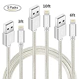 QSSTECH Phone Cable 3 Packs 3FT 6FT 10FT Nylon Braided USB Charging & Syncing Cord Compatible with Phone XS MAX XR X 8 8 Plus 7 7 Plus 6s 6s Plus 6 6 Plus and More (Silver White)