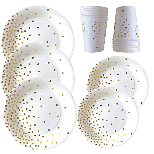 Party Plates and Cups -72 & 144 Piece Fancy Paper Plates with Cups- Gold Polka Dot Paper Plates and Cups- 9" Plates, 7" Plates, 9 oz Cups- Disposable Plates and Cups, Serves 24 & 48 People (144-Piece) - Thumbnail 6