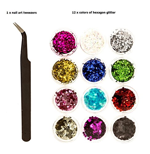 Beaute Galleria Nail Art Decorations Hex Hexagon Sparkle Fine Glitter Rhinestones Set in Various Colors for Manicure Pedicure