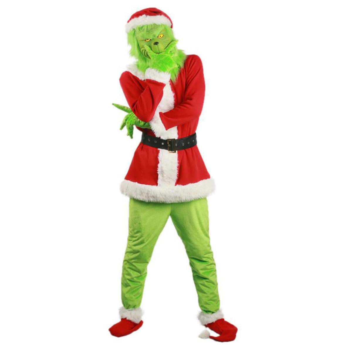 Men Christmas Costume Deluxe Furry Santa Claus Cosplay Outfits with Mask Christmas Hat Suit