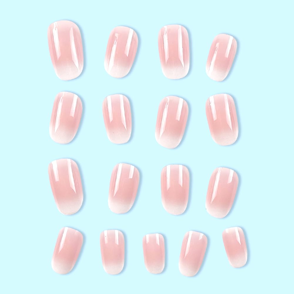 RUPOFUZA Almond Press on Nails Short Squoval Fake Nails Pink Ombre White False Nails with Glossy Press ons Designs Acrylic Nails Press on Artificial Nails Stick on Nails for Women 24Pcs - Image 4