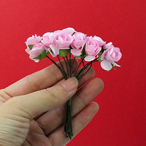 SeaISee 144pc Beautiful Artificial Paper Rose Flower Wedding Card Embellishment , Pink