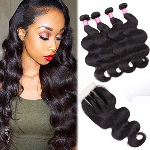 Body Wave Bundles with Closure 9A Brazilian Remy Human Hair Body Wave (18 20 22 24+16 Three Part) Unprocessed Brazilian Human Hair Weave 4 Bundles with Lace Closure