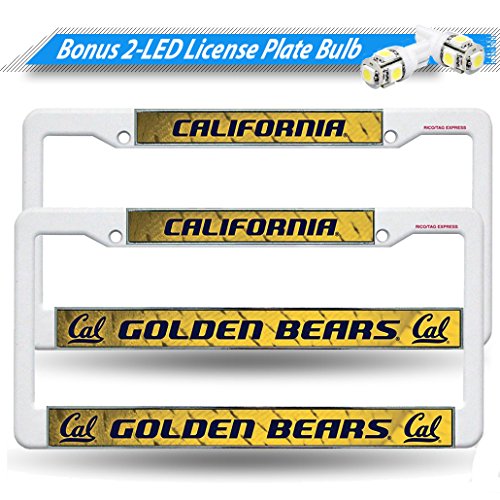 (2pcs) Berkeley California Golden Bears Cal Bear Plastic License Plate Frame - White with 2 LED Bulbs
