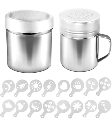 Épandeur de cacao en poudre en acier inoxydable, étalage de sucre à voile, épandeur de cacao en acier inoxydable avec 16 pochoirs pour café, chocolat chaud pochoirs pour cuisson, maison, restaurant