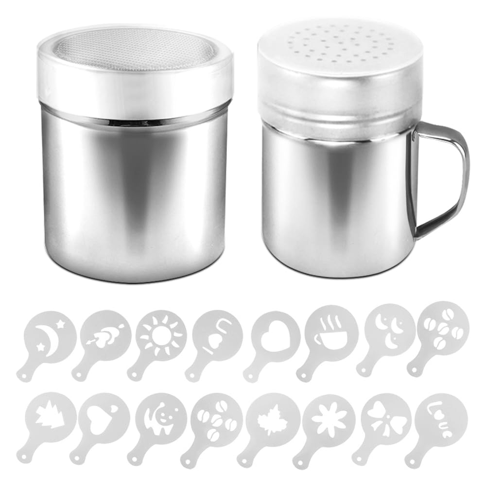 AIFUDA 2 Pcs Stainless Steel Powder Shaker with Lid, 16 pcs Printing Molds Stencils, Powder Cans with Hole or Fine-Mesh for Coffee Cappuccino Latte for Kitchen Baking Cooking