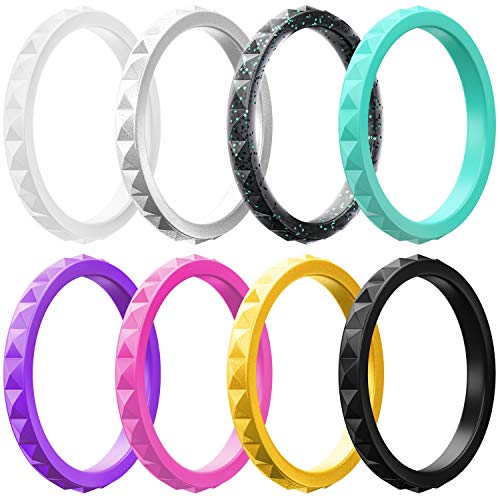 ThunderFit Thin and Stackable Silicone Rings, 8 Pack - Silicone Wedding Bands for Women - Diamond Pattern