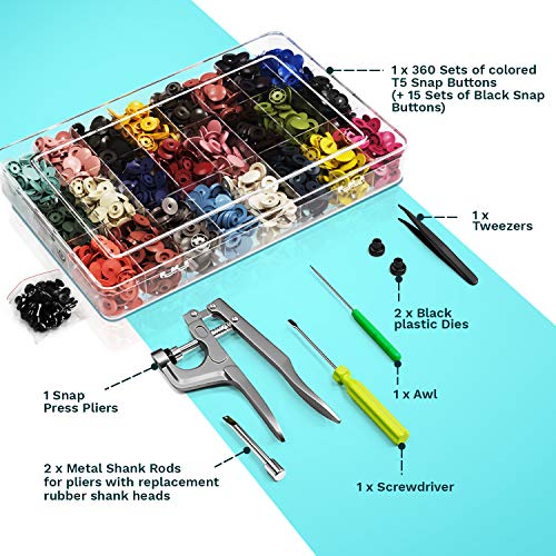 JERETA Snaps and Snap Pliers Set, 375 Sets of T5 Plastic Snaps for