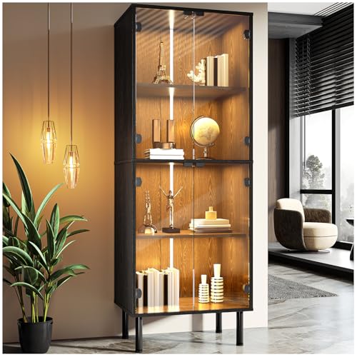 Simple Wisdom Vitrina,Vitrinas Exhibidor con Puertas de Cristal,Vitrinas Alta de Cristal con Luces LED,Vitrina para Coleccionables con 3 Estantes para Esquinero para Sala (Negro, 181X60 CM)
