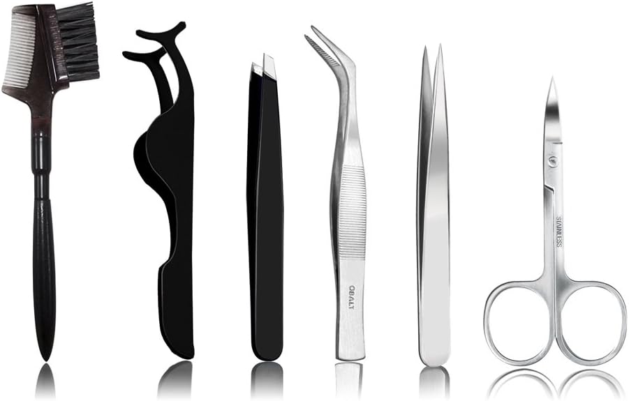 6-Piece Professional Makeup Tweezer Set Eyebrow Tweezers, Eyebrow Scissors, Slant Tip Tweezer, Pointed Tweezer, Eyelashes Brush Comb, Bent Tweezers for Men & Women, Fake Eyelashes Application