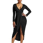 GOBLES Women's Sexy Long Sleeve V Neck Wrap Ruched Front Slit Midi Party Dress