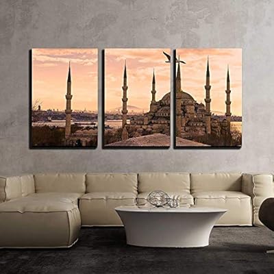 3 Piece Canvas Wall Art - The Blue Mosque, (Sultanahmet Camii), Istanbul, Turkey. - Modern Home Art Stretched and Framed Ready to Hang - 24