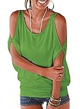 Ranphee Green Summer T Shirt Women Short Sleeve Cold Shoulder Loose Fit Pullover Casual Top