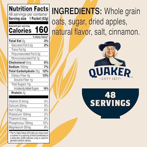 QUAKER INSTANT OATMEAL, APPLES AND CINNAMON, INDIVIDUAL PACKETS (48 COUNT OF 1.51 OZ PACKETS), 72.48 OZ