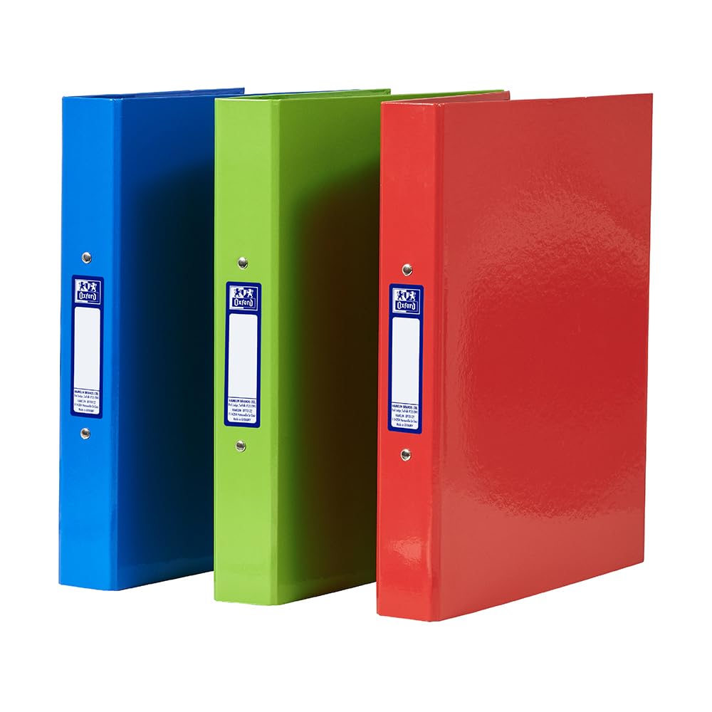Oxford A4 Ring Binders, 3 Pack of Glossy Red, Green & Blue Folders, Laminated Paper-on-Board, 40 mm Spine