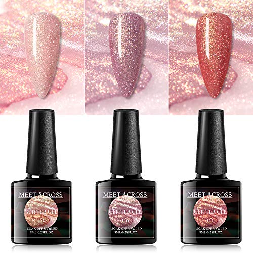 MEET ACROSS Gel Nail Polish Set 3 Colors, Pink Soak off UV LED Lamp Gel Nail Polish Set Mermaid Glitter Gel Polish Home Gel Manicure Kit 8ml