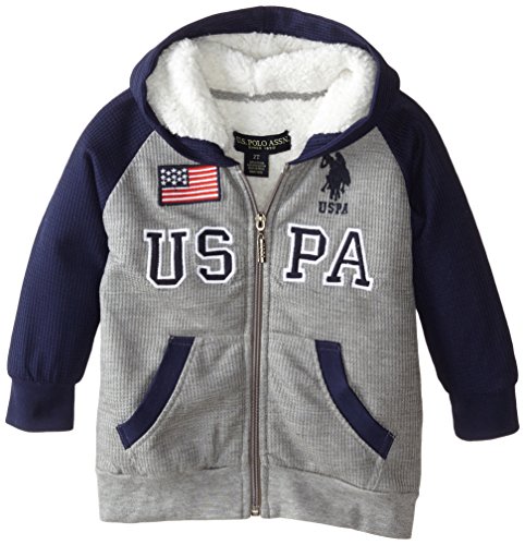 U.S. Polo Assn. Little Boys' Sherpa Lined Thermal Hoodie, Medium Heather Gray, 2T