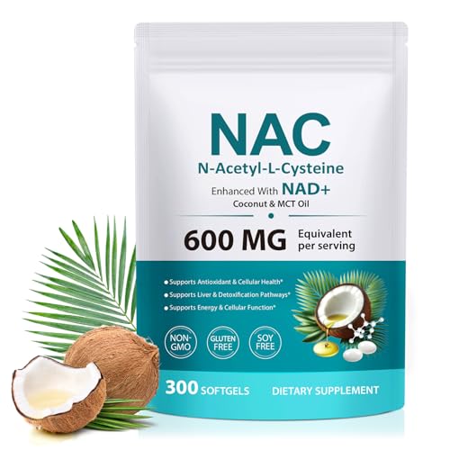NAC Supplement 600mg with NAD+, N-Acetyl Cysteine with Coconut Oil for Potent Antioxidant, Immune System, Energy Level, Overall Vitality, Liver Health & Balance Support|300 Softgels