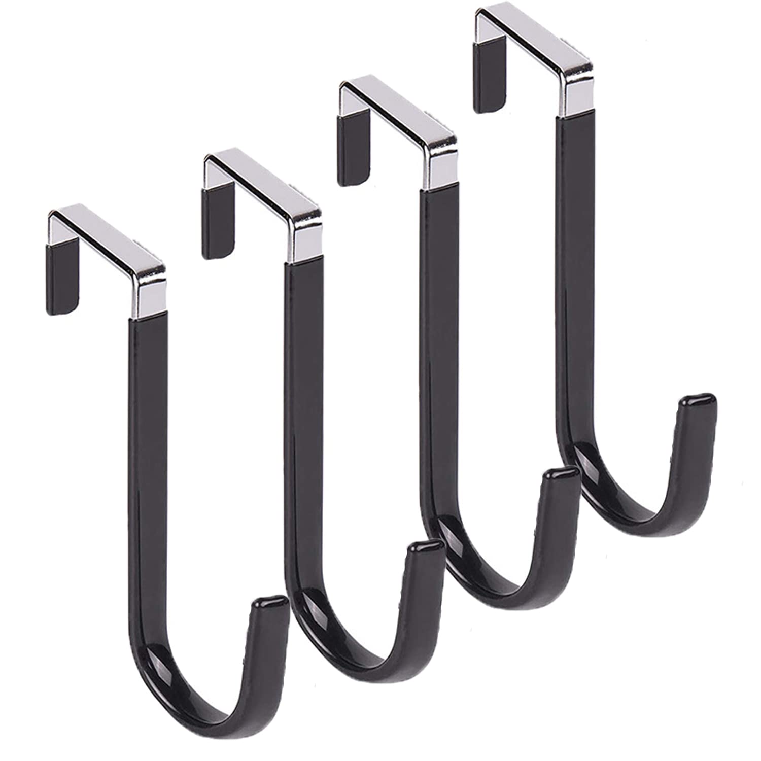 iHMeiju Over The Door Hooks Set of 4, Single Hooks Hanger Metal for Hanging Towel Coats Clothes Hats Bags Bathroom, Over The Door Hangers with Soft Rubber Surface Prevents Scratches. (Black)
