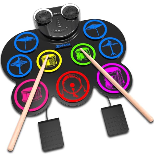 CNAPXAIA Elektronisch Schlagzeug, 9 Pads Silikon E Schlagzeug Set mit Lautsprechern, Unterstützt MIDI/Bluetooth/Kopfhörer, Für Kinder 3 4 5 6 7 8 9 10